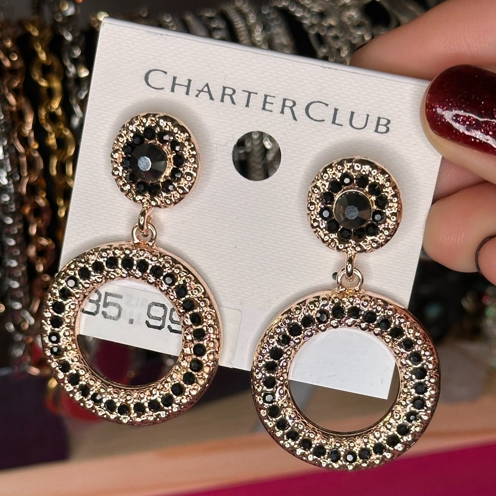 Charter Club Rose Gold Tone Black Pave Crystal Double Circle Drop Earrings